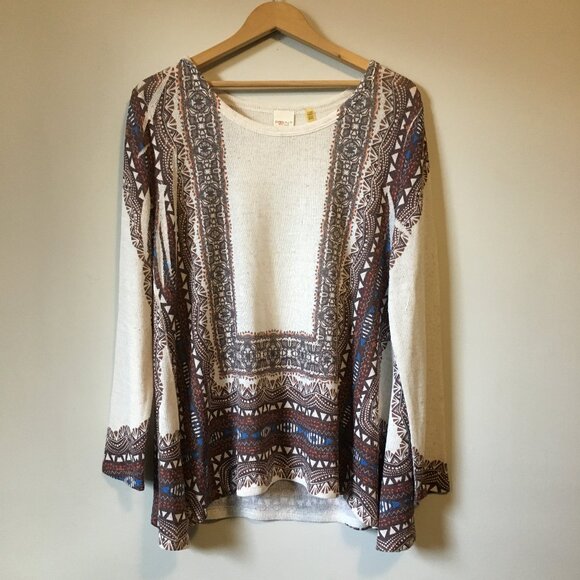Point Zero Boho Knit Linen Blend A-Line Tribal Printed Top - Picture 1 of 16